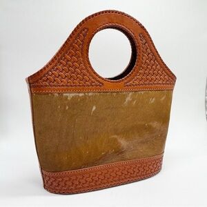 Vintage Western Tooled Leather Hair-On Cowhide Leather Handbag Circle Handle